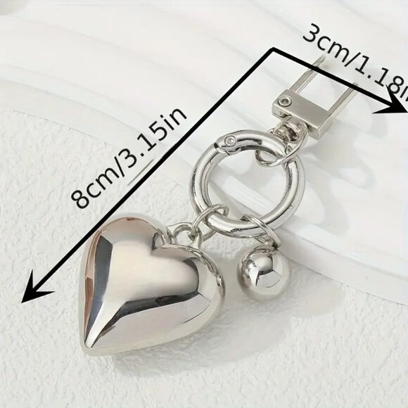 Large Silver Heart Charm Keychain with Ball – 3.15" Bag Clip Purse Pendant Gift - Picture 4 of 6